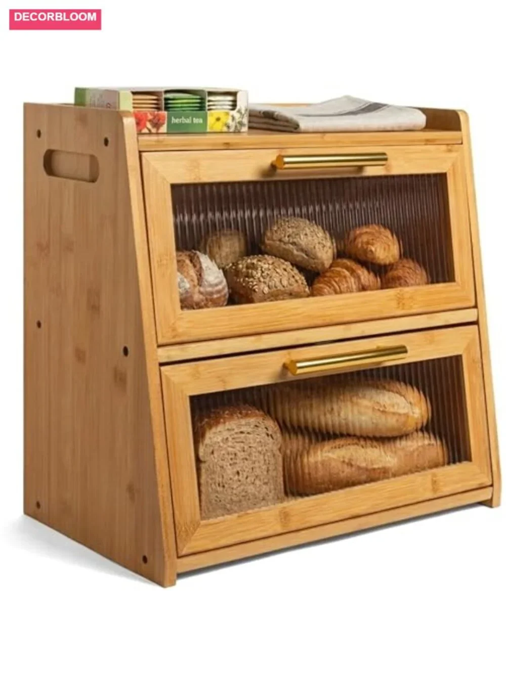 Extra Large Bamboo Bread Box Double Layer Wooden Storage with Acrylic Windows